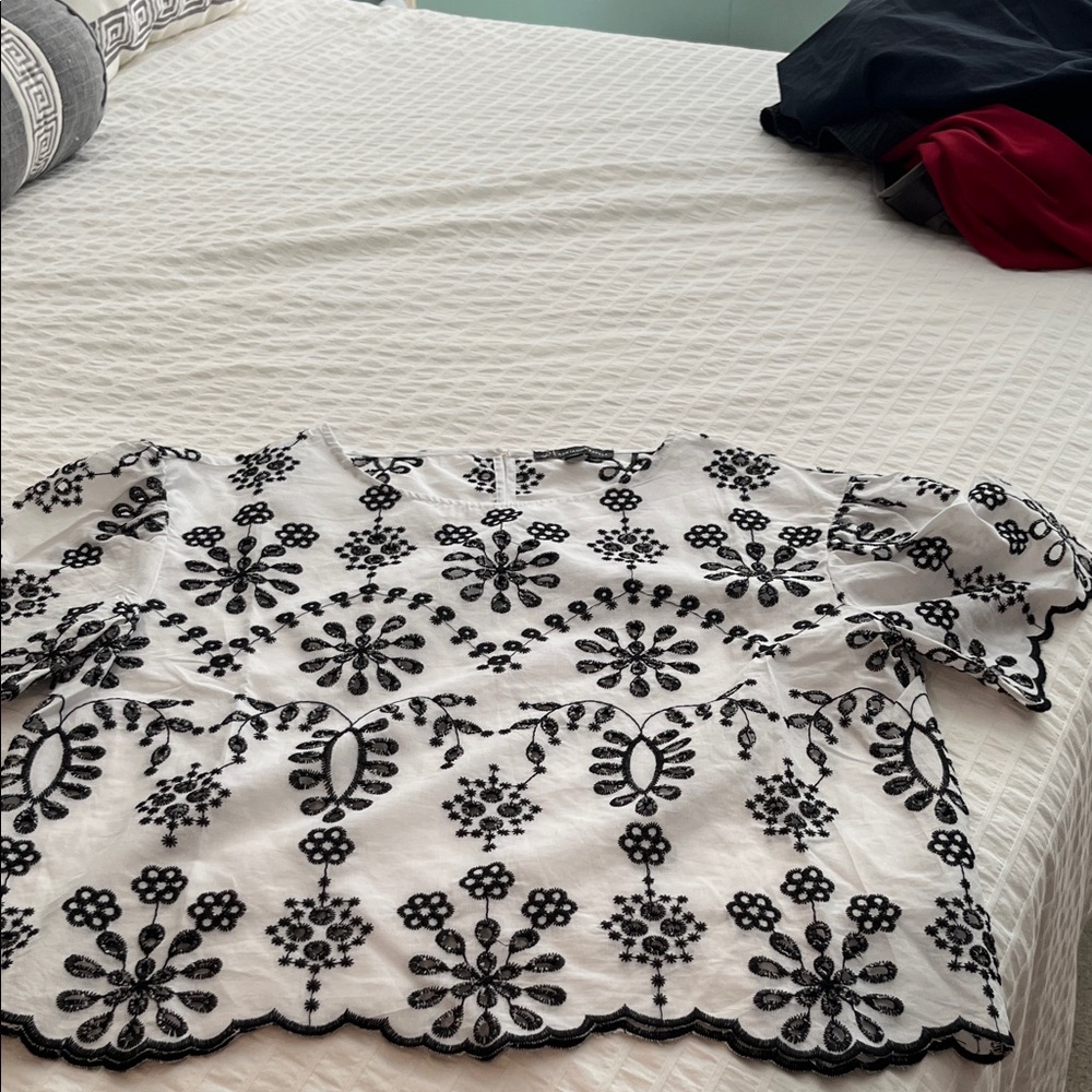White Eyelet Blouse with Black Floral Embroidery